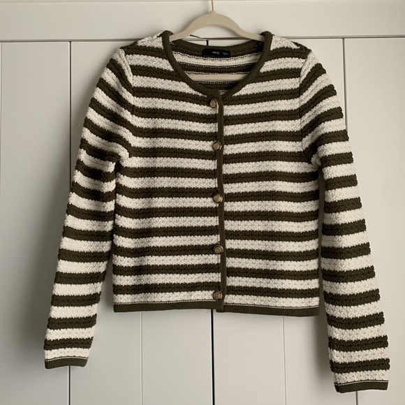 MANGO Stripe Cardigan with Jeweled Buttons Khaki L Large - Picture 2 of 9